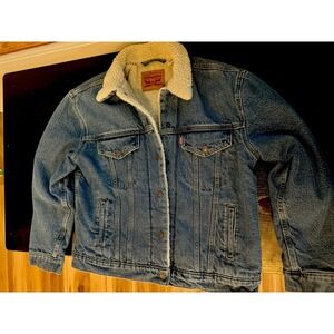 Levi's Sherpa Lined Denim Trucker Jacket Men's L Blue Jean Fleece Lining CLEAN